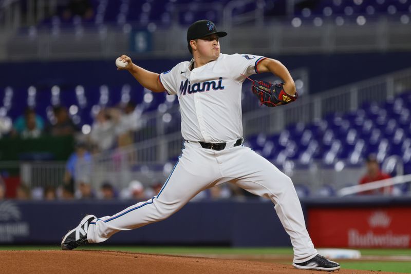 Sep 4, 2024; Miami, Florida, USA; Miami Marlins starting pitcher Valente Bellozo (83) delivers a pitch against the Washington Nationals during the first inning at loanDepot Park. Mandatory Credit: Sam Navarro-Imagn Images