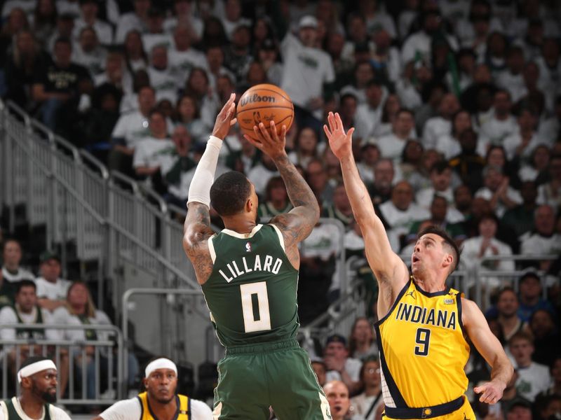 MILWAUKEE, WI - APRIL 23: Damian Lillard #0 of the Milwaukee Bucks shoots the ball during the game against the Indiana Pacers during Round One Game Two of the 2024 NBA Playoffs on April 23, 2024 at the Fiserv Forum Center in Milwaukee, Wisconsin. NOTE TO USER: User expressly acknowledges and agrees that, by downloading and or using this Photograph, user is consenting to the terms and conditions of the Getty Images License Agreement. Mandatory Copyright Notice: Copyright 2024 NBAE (Photo by Gary Dineen/NBAE via Getty Images).