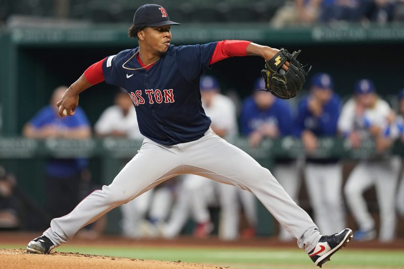 Sep 20, 2023; Arlington, Texas, USA; Boston Red Sox starting pitcher Brayan Bello (66) delivers to the Texas Rangers during the first inning at Globe Life Field. Mandatory Credit: Jim Cowsert-USA TODAY Sports