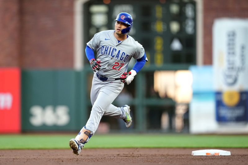 Jun 26, 2024; San Francisco, California, USA; Chicago Cubs designated hitter Seiya Suzuki (27) rounds the bases after hitting a home run against the San Francisco Giants during the fifth inning at Oracle Park. Mandatory Credit: Darren Yamashita-USA TODAY Sports