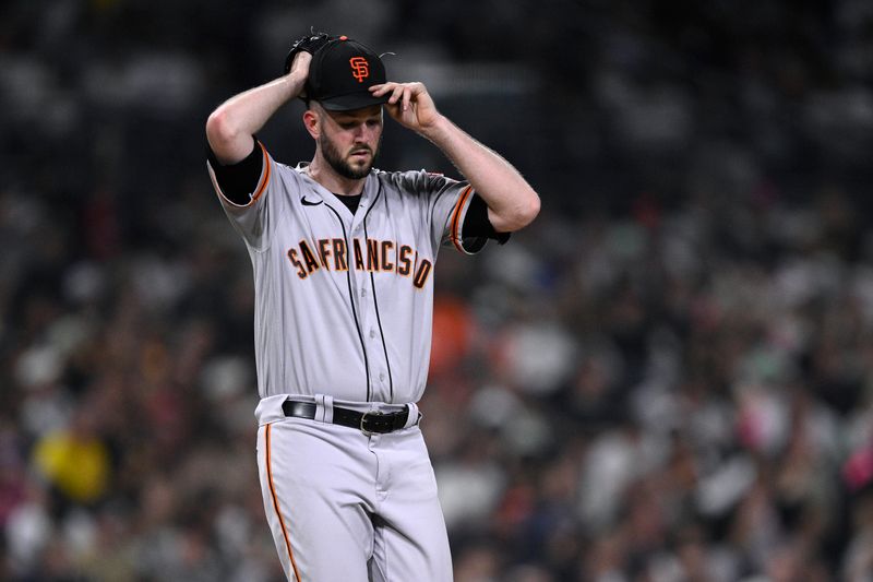 Sep 1, 2023; San Diego, California, USA; San Francisco Giants relief pitcher Alex Wood (57) reacts during the sixth inning against the San Diego Padres at Petco Park. Mandatory Credit: Orlando Ramirez-USA TODAY Sports