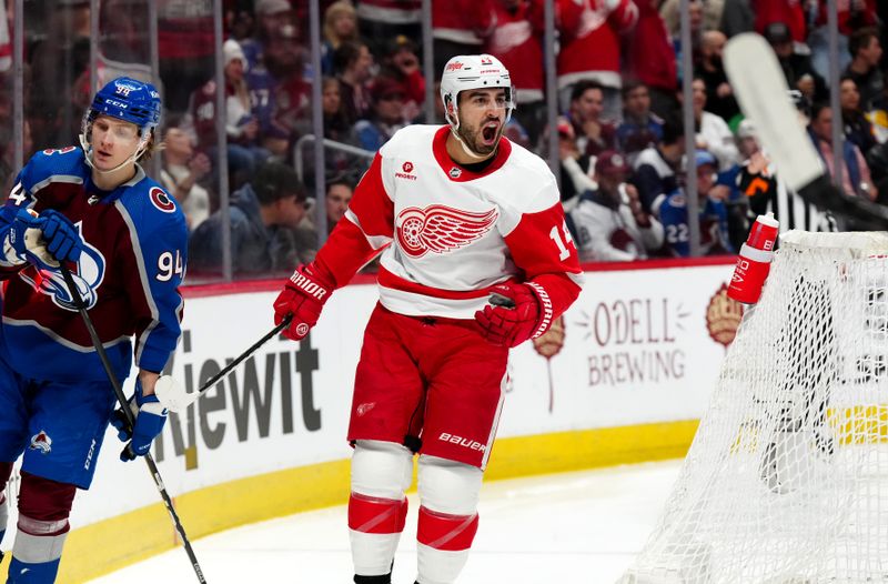 Mar 6, 2024; Denver, Colorado, USA; Detroit Red Wings center Robby Fabbri (14) celebrates his goal in the first period against the Colorado Avalanche at Ball Arena. Mandatory Credit: Ron Chenoy-USA TODAY Sports