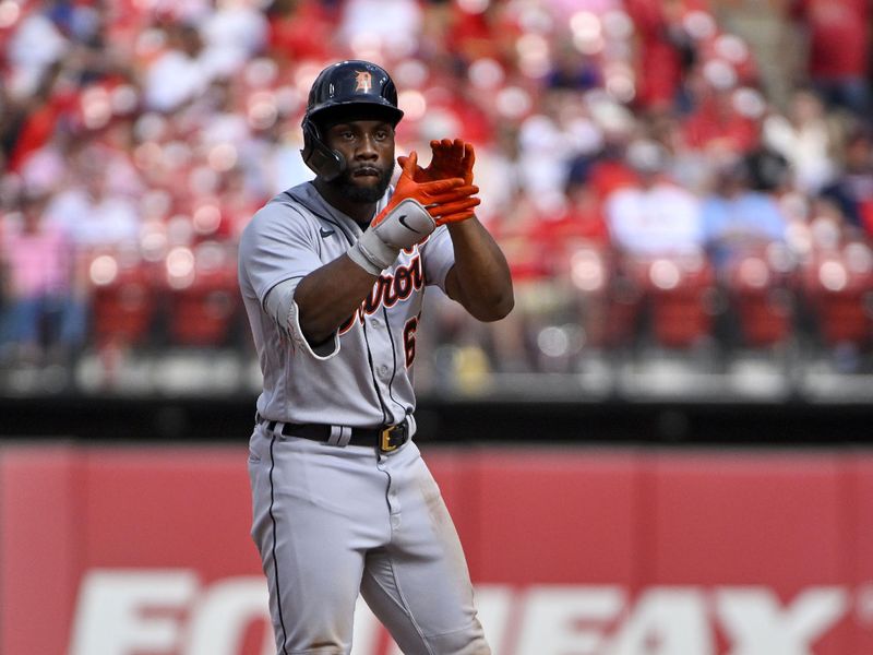 May 6, 2023; St. Louis, Missouri, USA;  Detroit Tigers left fielder Akil Baddoo (60) reacts after hitting a go-ahead one run double against the St. Louis Cardinals during the tenth inning at Busch Stadium. Mandatory Credit: Jeff Curry-USA TODAY Sports