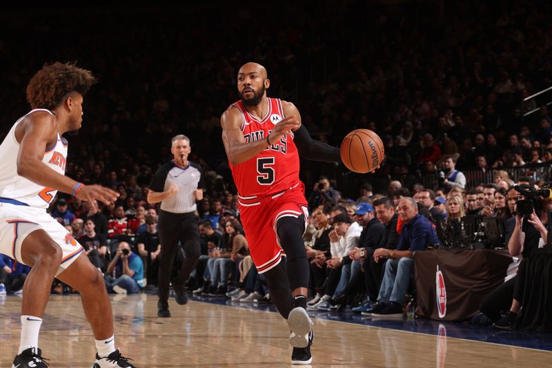 NEW YORK, NY - JANUARY 3: Jevon Carter #5 of the Chicago Bulls drives to the basket during the game against the New York Knicks on January 3, 2024 at Madison Square Garden in New York City, New York.  NOTE TO USER: User expressly acknowledges and agrees that, by downloading and or using this photograph, User is consenting to the terms and conditions of the Getty Images License Agreement. Mandatory Copyright Notice: Copyright 2024 NBAE  (Photo by Nathaniel S. Butler/NBAE via Getty Images)