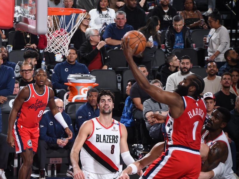 INGLEWOOD, CA - DECEMBER 3: James Harden #1 of the LA Clippers drives to the basket during the game against the Portland Trail Blazers on December 3, 2024 at Intuit Dome in Los Angeles, California. NOTE TO USER: User expressly acknowledges and agrees that, by downloading and/or using this Photograph, user is consenting to the terms and conditions of the Getty Images License Agreement. Mandatory Copyright Notice: Copyright 2024 NBAE (Photo by Juan Ocampo/NBAE via Getty Images)