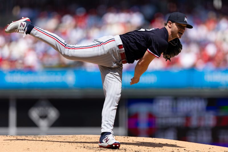 Aug 13, 2023; Philadelphia, Pennsylvania, USA; Minnesota Twins starting pitcher Sonny Gray (54) throws a pitch during the second inning against the Philadelphia Phillies at Citizens Bank Park. Mandatory Credit: Bill Streicher-USA TODAY Sports