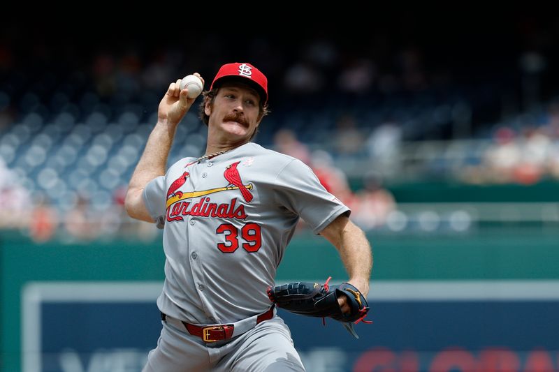 May 11, 2025; Washington, District of Columbia, USA; St. Louis Cardinals pitcher Miles Mikolas (39) pitches against the Washington Nationals during the first inning at Nationals Park. Mandatory Credit: Geoff Burke-Imagn Images
