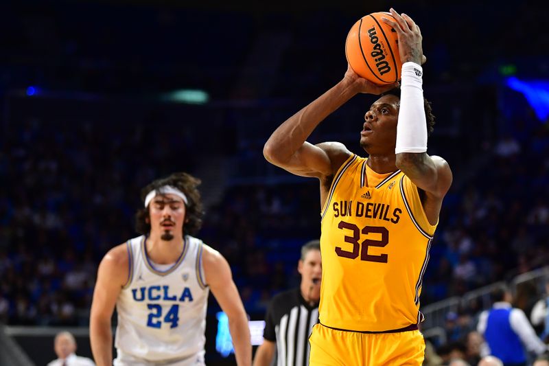 Mar 2, 2023; Los Angeles, California, USA; Arizona State Sun Devils forward Alonzo Gaffney (32) shoots against the UCLA Bruins during the first half at Pauley Pavilion. Mandatory Credit: Gary A. Vasquez-USA TODAY Sports