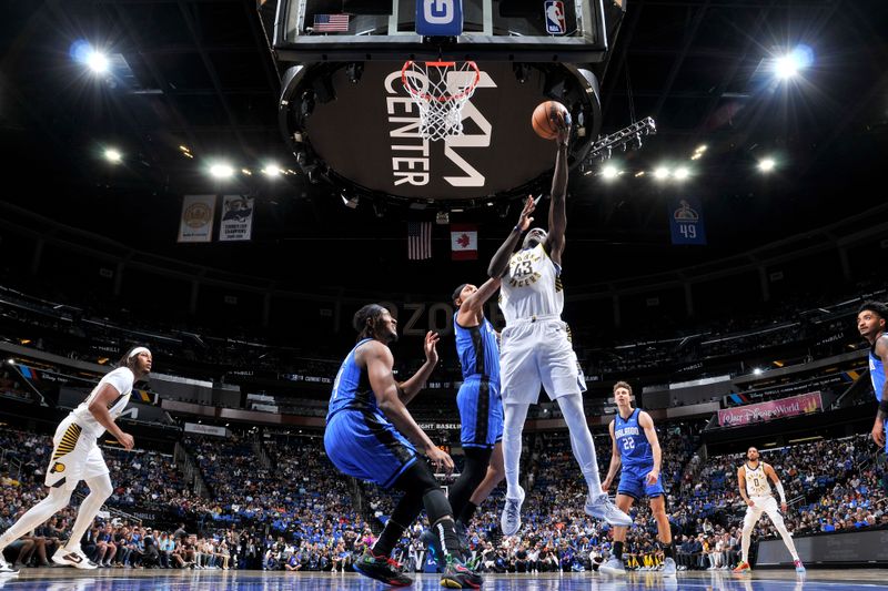 ORLANDO, FL - MARCH 10: Pascal Siakam #43 of the Indiana Pacers goes to the basket during the game on March 10, 2024 at Amway Center in Orlando, Florida. NOTE TO USER: User expressly acknowledges and agrees that, by downloading and or using this photograph, User is consenting to the terms and conditions of the Getty Images License Agreement. Mandatory Copyright Notice: Copyright 2024 NBAE (Photo by Fernando Medina/NBAE via Getty Images)