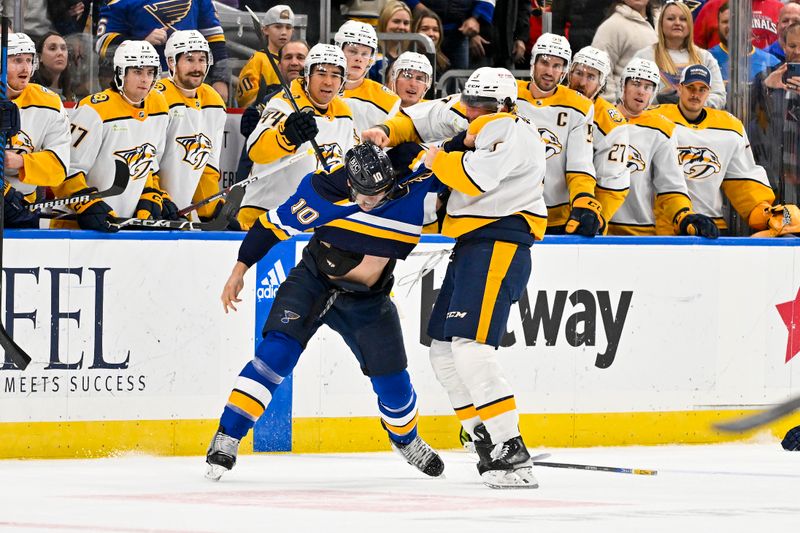 Nov 24, 2023; St. Louis, Missouri, USA;  Nashville Predators defenseman Jeremy Lauzon (3) fights St. Louis Blues center Brayden Schenn (10) during the first period at Enterprise Center. Mandatory Credit: Jeff Curry-USA TODAY Sports