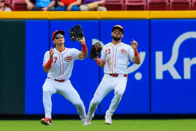 May 23, 2024; Cincinnati, Ohio, USA; Cincinnati Reds outfielder Stuart Fairchild (17) catches a pop up hit by San Diego Padres second baseman Jake Cronenworth (not pictured) in the tenth inning at Great American Ball Park. Mandatory Credit: Katie Stratman-USA TODAY Sports