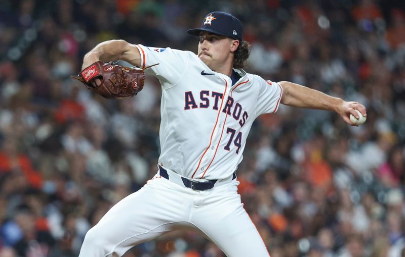 Jul 30, 2024; Houston, Texas, USA; Houston Astros relief pitcher Bryan King (74) delivers a pitch during the seventh inning against the Pittsburgh Pirates at Minute Maid Park. Mandatory Credit: Troy Taormina-USA TODAY Sports