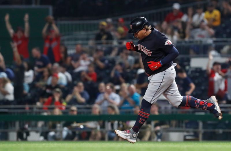 Jul 17, 2023; Pittsburgh, Pennsylvania, USA;  Cleveland Guardians first baseman Josh Naylor (22) circles the bases on a two-run home run against the Pittsburgh Pirates during the seventh inning at PNC Park. Mandatory Credit: Charles LeClaire-USA TODAY Sports