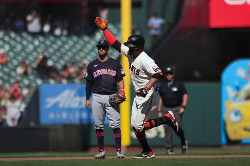 Sep 13, 2023; San Francisco, California, USA; San Francisco Giants third baseman J.D. Davis (7) reacts after hitting a three run home run during the eighth inning against the Cleveland Guardians at Oracle Park. Mandatory Credit: Sergio Estrada-USA TODAY Sports