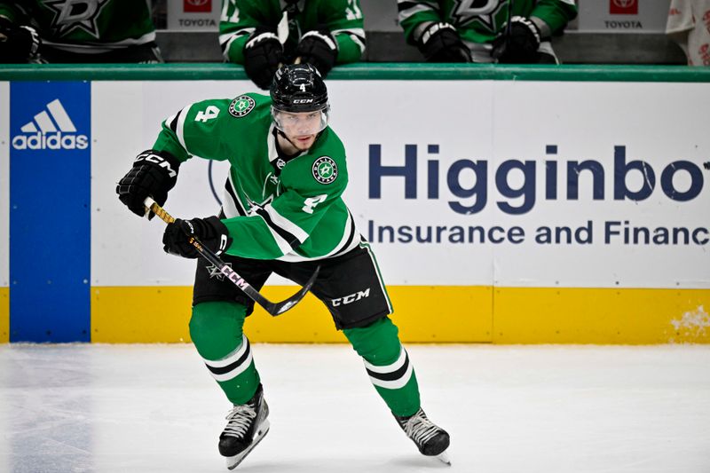 Apr 11, 2024; Dallas, Texas, USA; Dallas Stars defenseman Miro Heiskanen (4) skates against the Winnipeg Jets during the second period at the American Airlines Center. Mandatory Credit: Jerome Miron-USA TODAY Sports