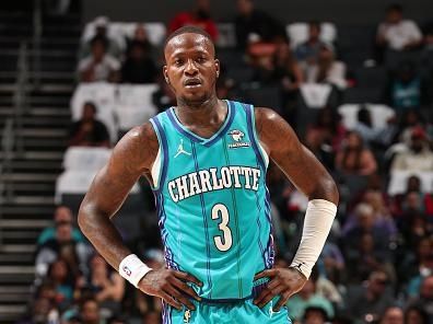 CHARLOTTE, NC - OCTOBER 25: Terry Rozier #3 of the Charlotte Hornets looks on during the game against the Atlanta Hawks on October 25, 2023 at Spectrum Center in Charlotte, North Carolina. NOTE TO USER: User expressly acknowledges and agrees that, by downloading and or using this photograph, User is consenting to the terms and conditions of the Getty Images License Agreement. Mandatory Copyright Notice: Copyright 2023 NBAE (Photo by Kent Smith/NBAE via Getty Images)