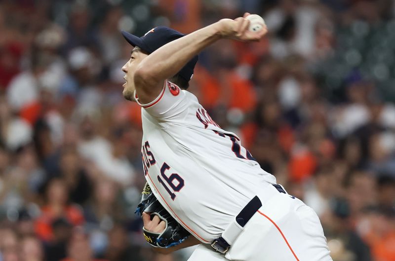 Sep 19, 2024; Houston, Texas, USA;  Houston Astros starting pitcher Yusei Kikuchi (16) pitches against the Los Angeles Angels in the second inning at Minute Maid Park. Mandatory Credit: Thomas Shea-Imagn Images