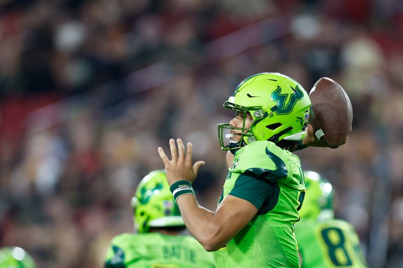 Nov 26, 2022; Tampa, Florida, USA; South Florida Bulls quarterback Byrum Brown (17) looks to pass the ball against the UCF Knights during the third quarter at Raymond James Stadium. Mandatory Credit: Douglas DeFelice-USA TODAY Sports