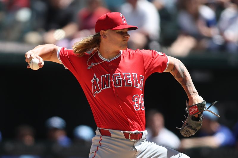 Sep 8, 2024; Arlington, Texas, USA; Los Angeles Angels pitcher Caden Dana (36) throws a pitch against the Texas Rangers in the first inning at Globe Life Field. Mandatory Credit: Tim Heitman-Imagn Images