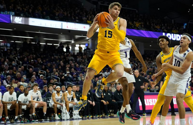 Feb 2, 2023; Evanston, Illinois, USA; Michigan Wolverines guard Joey Baker (15) grabs a rebound against the Northwestern Wildcats during the first half at Welsh-Ryan Arena. Mandatory Credit: David Banks-USA TODAY Sports