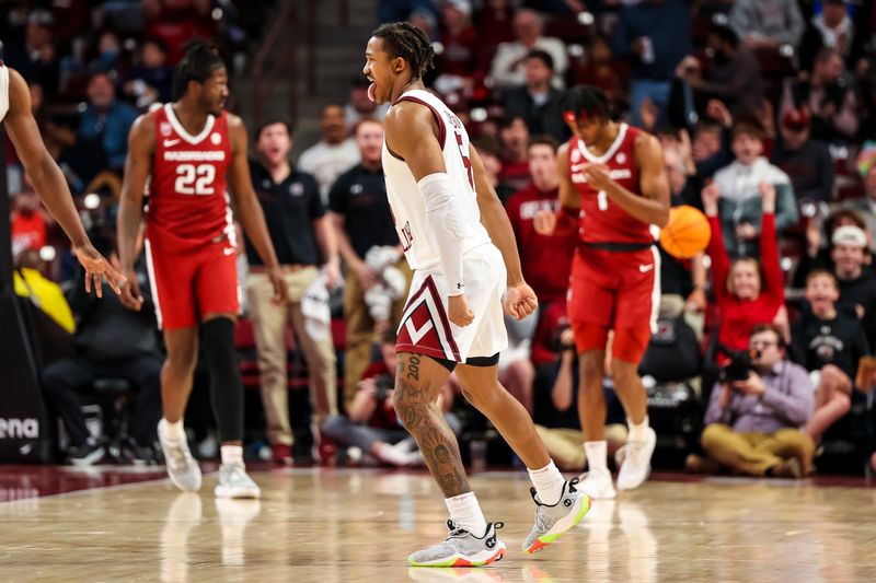 Feb 4, 2023; Columbia, South Carolina, USA; South Carolina Gamecocks guard Meechie Johnson (5) celebrates a three point basket against the Arkansas Razorbacks in the second half at Colonial Life Arena. Mandatory Credit: Jeff Blake-USA TODAY Sports