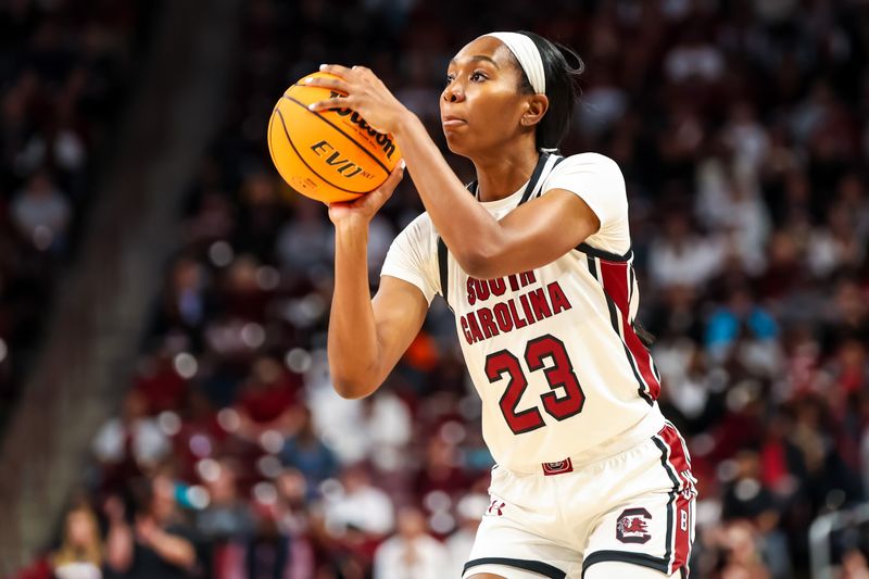 Nov 12, 2023; Columbia, South Carolina, USA; South Carolina Gamecocks guard Bree Hall (23) shoots against the Maryland Terrapins in the first half at Colonial Life Arena. Mandatory Credit: Jeff Blake-USA TODAY Sports