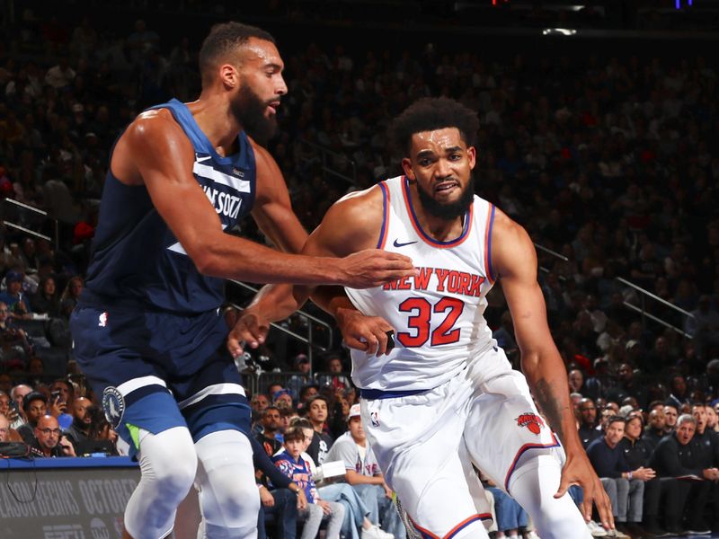 NEW YORK, NY - OCTOBER 13: Karl-Anthony Towns #32 of the New York Knicks drives to the basket during the game on October 13, 2024 at Madison Square Garden in New York City, New York.  NOTE TO USER: User expressly acknowledges and agrees that, by downloading and or using this photograph, User is consenting to the terms and conditions of the Getty Images License Agreement. Mandatory Copyright Notice: Copyright 2024 NBAE  (Photo by David L. Nemec/NBAE via Getty Images)