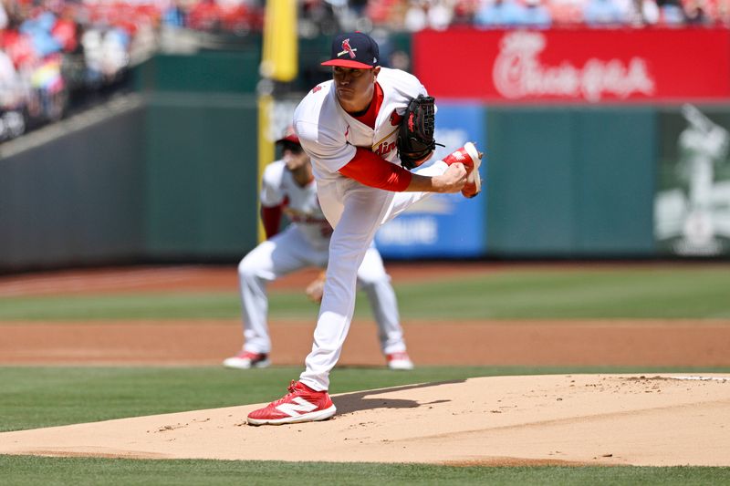 Apr 7, 2024; St. Louis, Missouri, USA; St. Louis Cardinals pitcher Kyle Gibson (44) pitches against the Miami Marlins during the first inning at Busch Stadium. Mandatory Credit: Jeff Le-USA TODAY Sports