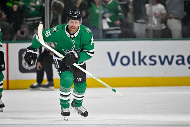 May 15, 2024; Dallas, Texas, USA; Dallas Stars center Joe Pavelski (16) skates off the ice after scoring against the Colorado Avalanche during the first period in game five of the second round of the 2024 Stanley Cup Playoffs at American Airlines Center. Mandatory Credit: Jerome Miron-USA TODAY Sports