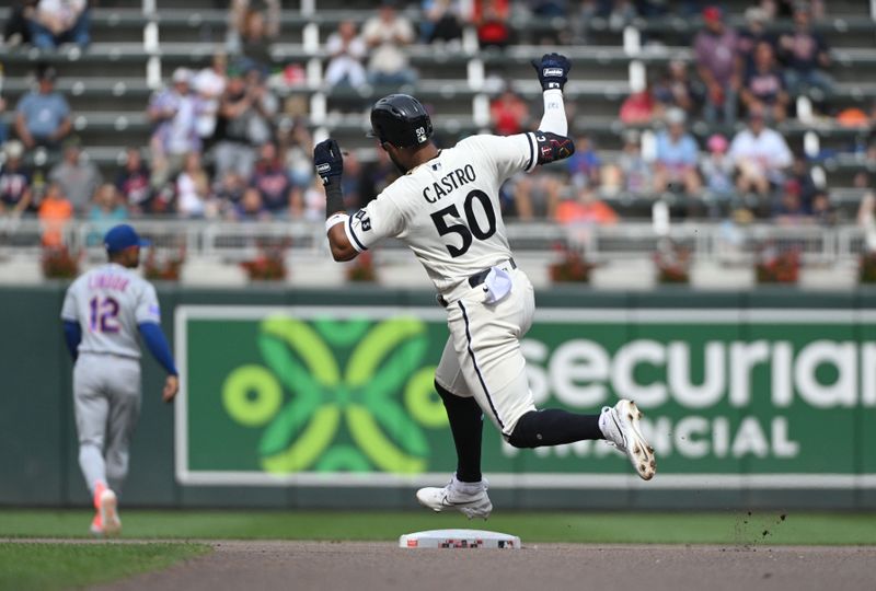 Sep 10, 2023; Minneapolis, Minnesota, USA; Minnesota Twins left fielder Willi Castro (50) hits a triple against the New York Mets in the seventh inning at Target Field. Mandatory Credit: Michael McLoone-USA TODAY Sports