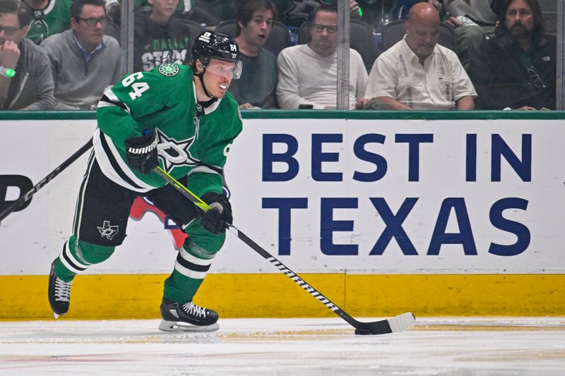 May 13, 2025; Dallas, Texas, USA; Dallas Stars center Mikael Granlund (64) skates against the Winnipeg Jets during the third period in game four of the second round of the 2025 Stanley Cup Playoffs at American Airlines Center. Mandatory Credit: Jerome Miron-Imagn Images