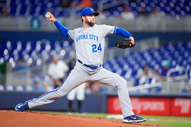 Jun 7, 2023; Miami, Florida, USA; Kansas City Royals starting pitcher Jordan Lyles (24) throws a pitch against the Miami Marlins during the first inning at loanDepot Park. Mandatory Credit: Rich Storry-USA TODAY Sports