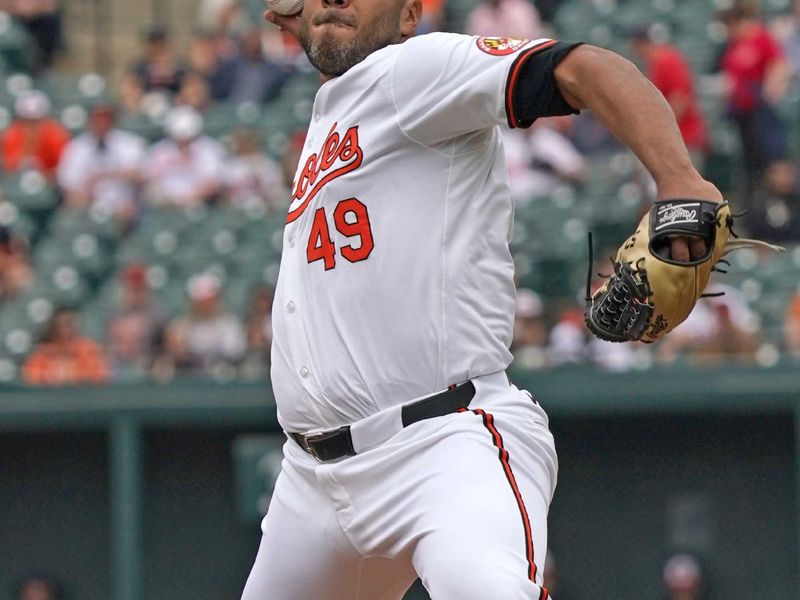 Apr 17, 2024; Baltimore, Maryland, USA; Baltimore Orioles pitcher Albert Suarez (4) delivers in the first inning against the Minnesota Twins at Oriole Park at Camden Yards. Mandatory Credit: Mitch Stringer-USA TODAY Sports