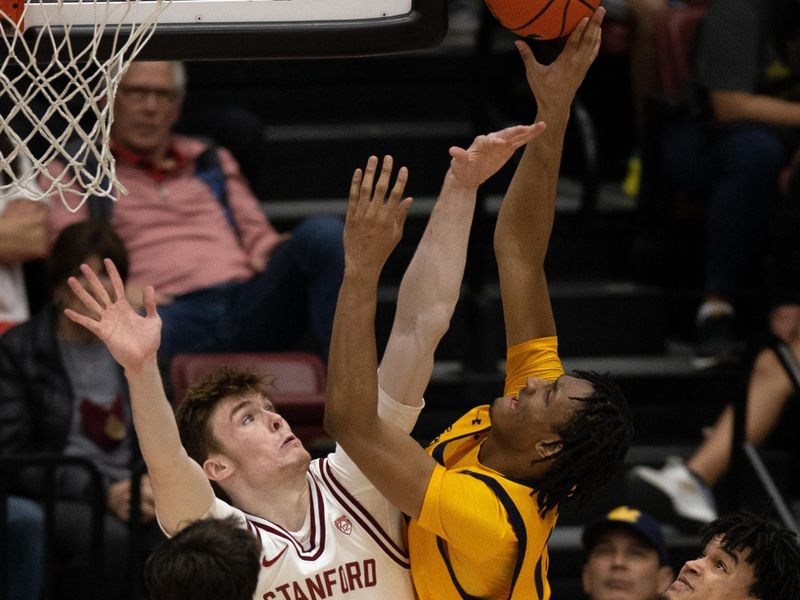 Jan 28, 2023; Stanford, California, USA; California Golden Bears forward Grant Newell (14) is fouled as he attempts a shot between Stanford Cardinal forwards Max Murrell (10) and Spencer Jones (14) during the second half at Maples Pavilion. Stanford defeated California 75-46. Mandatory Credit: D. Ross Cameron-USA TODAY Sports