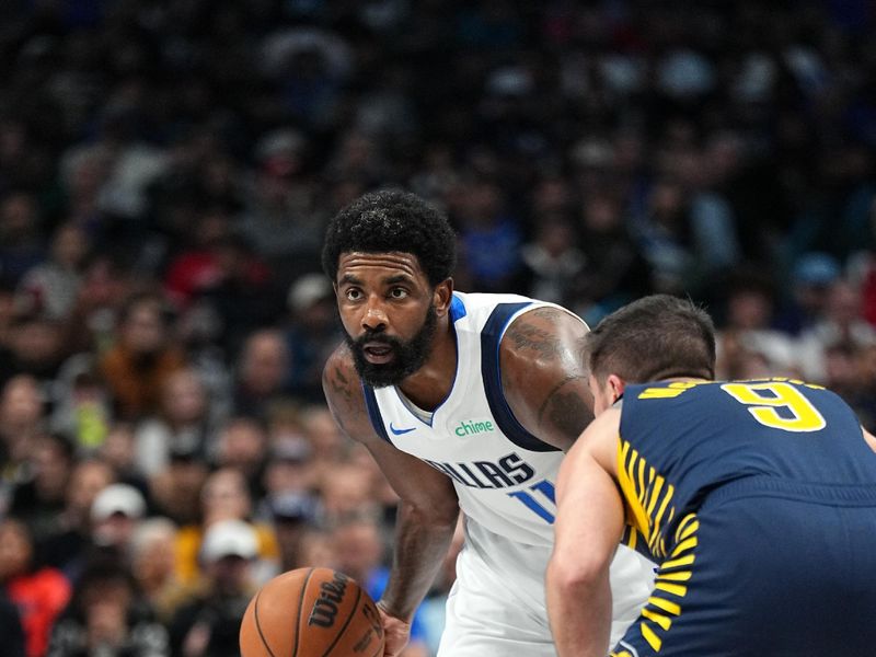 DALLAS, TX - NOVEMBER 4: Kyrie Irving #11 of the Dallas Mavericks looks on during the game against the Indiana Pacers on November 4, 2024 at the American Airlines Center in Dallas, Texas. NOTE TO USER: User expressly acknowledges and agrees that, by downloading and or using this photograph, User is consenting to the terms and conditions of the Getty Images License Agreement. Mandatory Copyright Notice: Copyright 2024 NBAE (Photo by Glenn James/NBAE via Getty Images)