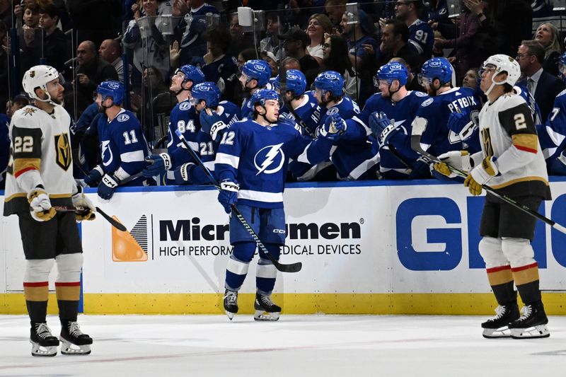 Dec 21, 2023; Tampa, Florida, USA; Tampa Bay Lightning center Alex Barre-Boulet (12) celebrates with his teammates after scoring a goal in the second period against the Las Vegas Golden Knights at Amalie Arena. Mandatory Credit: Jonathan Dyer-USA TODAY Sports