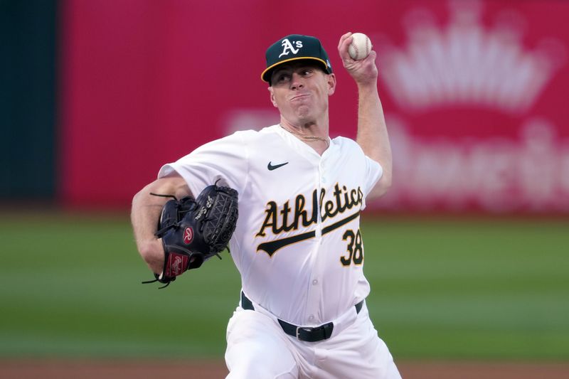 May 3, 2024; Oakland, California, USA; Oakland Athletics starting pitcher JP Sears (38) throws a pitch against the Miami Marlins during the first inning at Oakland-Alameda County Coliseum. Mandatory Credit: Darren Yamashita-USA TODAY Sports