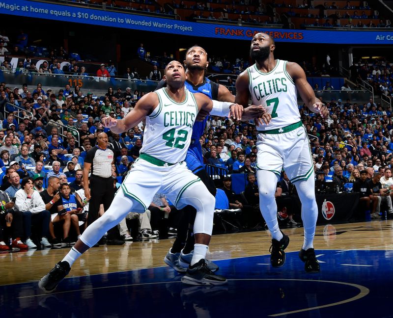 ORLANDO, FL - APRIL 25: Al Horford #42 of the Boston Celtics boxes out with Jaylen Brown #7 during Round One, Game Three of the 2025 NBA Playoffs against the Orlando Magic on April 25, 2025 at Kia Center in Orlando, Florida. NOTE TO USER: User expressly acknowledges and agrees that, by downloading and or using this photograph, User is consenting to the terms and conditions of the Getty Images License Agreement. Mandatory Copyright Notice: Copyright 2025 NBAE (Photo by Fernando Medina/NBAE via Getty Images)