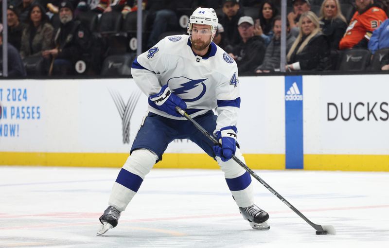 Mar 24, 2024; Anaheim, California, USA; Tampa Bay Lightning defenseman Calvin de Haan (44) during the first period against the Anaheim Ducks at Honda Center. Mandatory Credit: Jason Parkhurst-USA TODAY Sports