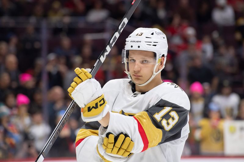 Feb 24, 2024; Ottawa, Ontario, CAN; Vegas Golden Knights center Jakub Demek (13) participates in warmup in the game against the Ottawa Senators at the Canadian Tire Centre. Mandatory Credit: Marc DesRosiers-USA TODAY Sports