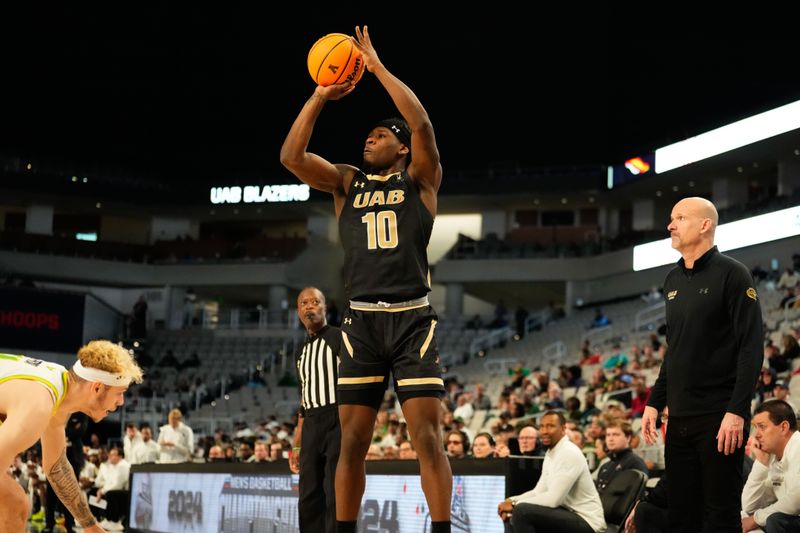 Mar 16, 2024; Fort Worth, TX, USA;  UAB Blazers guard Alejandro Vasquez (10) scores a basket against South Florida Bulls forward Kasean Pryor (11) during the second half at Dickies Arena. Mandatory Credit: Chris Jones-USA TODAY Sports