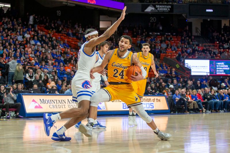 Feb 11, 2023; Boise, Idaho, USA; Wyoming Cowboys guard Hunter Maldonado (24) during the first half against the Boise State Broncos at ExtraMile Arena. Mandatory Credit: Brian Losness-USA TODAY Sports
ports