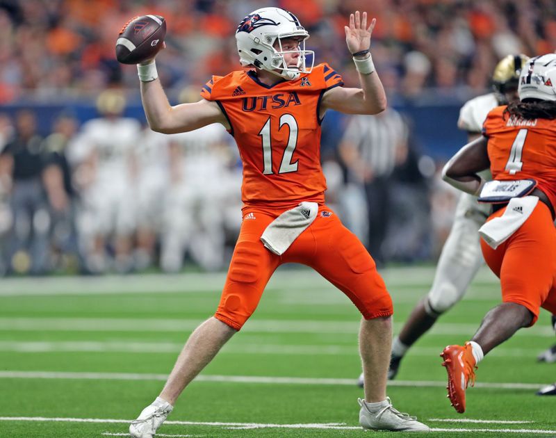 Sep 15, 2023; San Antonio, Texas, USA; UTSA Roadrunners quarterback Eddie Lee Marburger (12) throws a pass against the Army Black Knights during the second half at the Alamodome. Mandatory Credit: Danny Wild-USA TODAY Sports