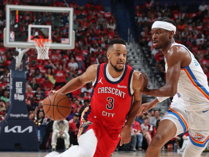 NEW ORLEANS, LA - APRIL 27: CJ McCollum #3 of the New Orleans Pelicans handles the ball during the game against the Oklahoma City Thunder during Round 1 Game 3 of the 2024 NBA Playoffs on April 27, 2024 at the Smoothie King Center in New Orleans, Louisiana. NOTE TO USER: User expressly acknowledges and agrees that, by downloading and or using this Photograph, user is consenting to the terms and conditions of the Getty Images License Agreement. Mandatory Copyright Notice: Copyright 2024 NBAE (Photo by Layne Murdoch Jr./NBAE via Getty Images)