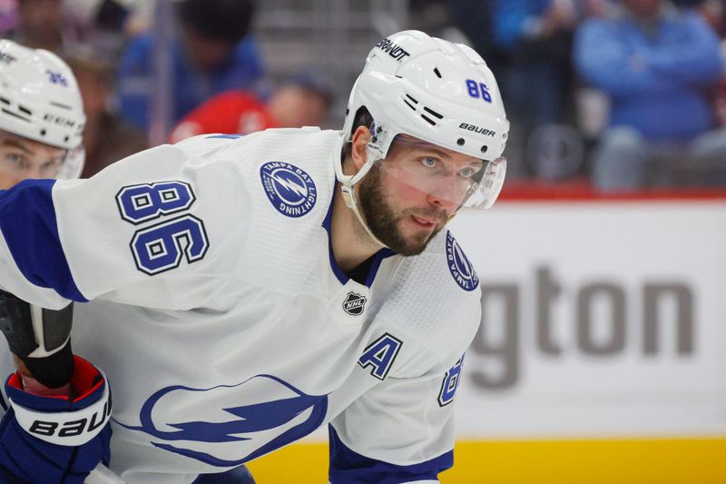 Jan 21, 2024; Detroit, Michigan, USA; Tampa Bay Lightning right wing Nikita Kucherov (86) looks on during the second period against the Detroit Red Wings at Little Caesars Arena. Mandatory Credit: Brian Bradshaw Sevald-USA TODAY Sports