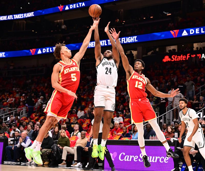 PORTLAND, OR - OCTOBER 23: Cam Thomas #24 of the Brooklyn Nets shoots the ball during the game against the Atlanta Hawks on October 23, 2024 at the Moda Center Arena in Portland, Oregon. NOTE TO USER: User expressly acknowledges and agrees that, by downloading and or using this photograph, user is consenting to the terms and conditions of the Getty Images License Agreement. Mandatory Copyright Notice: Copyright 2024 NBAE (Photo by Cameron Browne/NBAE via Getty Images)