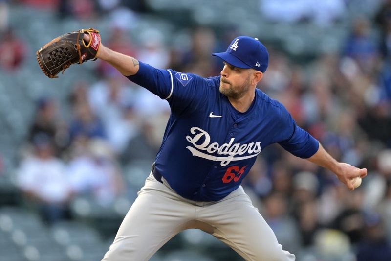 Mar 26, 2024; Anaheim, California, USA; Los Angeles Dodgers starting pitcher James Paxton (65) throws to the plate in the first inning against the Los Angeles Angels at Angel Stadium. Mandatory Credit: Jayne Kamin-Oncea-USA TODAY Sports