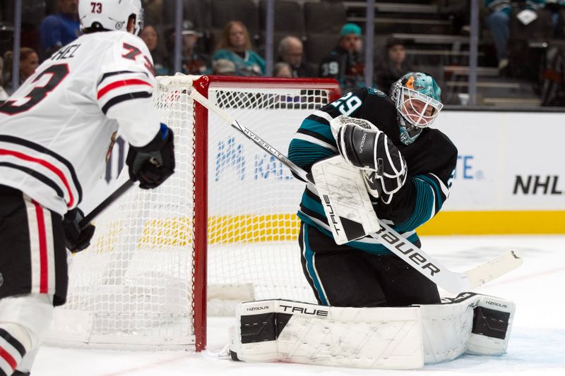 Oct 31, 2024; San Jose, California, USA; San Jose Sharks goaltender Mackenzie Blackwood (29) traps the puck on a shot from Chicago Blackhawks left winger Lukas Reichel (73) during the first period at SAP Center at San Jose. Mandatory Credit: D. Ross Cameron-Imagn Images