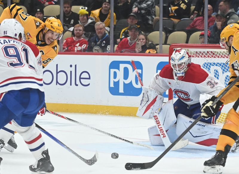 Dec 11, 2025; Pittsburgh, Pennsylvania, USA;  Montreal Canadiens goalie Jacob Fowler (32) is pressured by Pittsburgh Penguins center Sidney Crosby (87) during the third period at PPG Paints Arena. The Pens lost 4-2. Mandatory Credit: Philip G. Pavely-Imagn Images