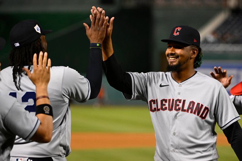 Apr 15, 2023; Washington, District of Columbia, USA; Cleveland Guardians relief pitcher Emmanuel Clase (48) is congratulated by first baseman Josh Bell (55) after defeating the Washington Nationals at Nationals Park. Mandatory Credit: Brad Mills-USA TODAY Sports